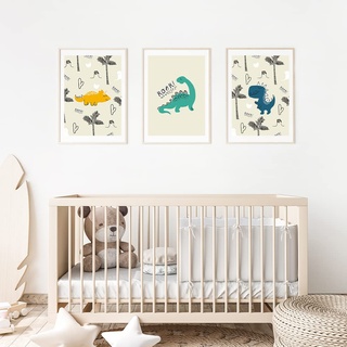 MeinBaby123® Dino Poster Kinderzimmer | Dinosaurier Poster 3er Set DIN A4 I Bilder Kinderzimmer Jungen | Dino Deko Bilder Kinderzimmer | Babyzimmer Deko (Dino Poster Set - 1)