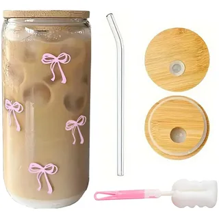 Glas mit Deckel und Strohhalm, Bow Glasbecher, 500 ml Trinkgläser mit Deckel, Mit Tassenreinigungsbürste, Bow Design, Trinkglas mit Deckel, Geschenk für Eiskaffee, Fruchtsaft und andere Getränke