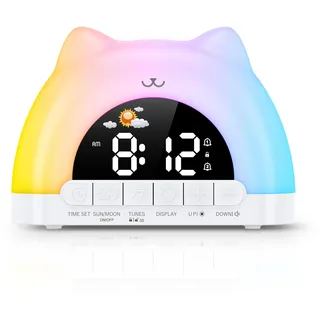OQIMAX Kinderwecker Cute Katzen, Wecker Digital für Mädchen Jungen | Wecker Kinder mit 11 RGB Farbe Nachtlicht, 10 Soundeffekten, Dual Alarms, Snooze, 12/24, Plug-in Elektrische Wecker