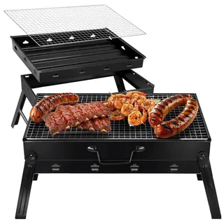KRUMAD Camping Grill klappbar – tragbarer Holzkohlegrill 38,5×27 cm, Mini Tischgrill faltbar mit Grillrost, Koffergrill für Camping, Outdoor, Picknick - Schwarz