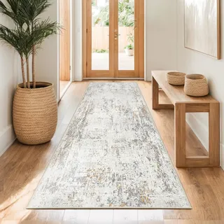Capslpad Teppich Läufer Flur 80x200cm Beige Abstrakter Waschbar rutschfest Küchenläufer Teppich Modern Minimalistisch Kurzflor Kunstwolle Teppiche für Wohnzimmer Schlafzimmer