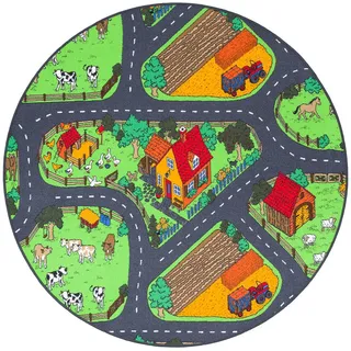 Snapstyle Kinder Spiel Teppich Bauernhof Rund , Grün , Textil , Abstrakt , Rund , 160x160 cm , Teppiche und Böden, Teppiche, Kinderteppiche