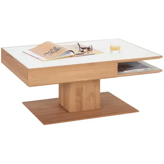 Valnatura Couchtisch , Weiß, Eichefarben , Holz, Glas , Kerneiche , vollmassiv, Sperrholz , 1 Schublade(n) Schubladen , rechteckig , Säule, Bodenplatte , 75x46x105 cm , Goldenes M, Made in Germany , Stauraum , Wohnzimmer, Wohnzimmertische, Couchtische, Couchtische Glas