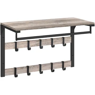 VASAGLE Wandgarderobe, mit Ablage, Wandregal mit 10 abnehmbaren Haken, Hängeregal, Wandmontage, 2 Garderobenleisten, Kleiderstange, für Flur, Schlafzimmer, Badezimmer, greige-schwarz LCR101B02