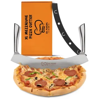 Les Plaisirs Du Chef – Extra scharfer Pizza Schneider/Pizzaschneider aus Edelstahl | Großes Wiegemesser 30,5 cm mit Doppelgriff | Pizzamesser & Pizza Cutter – Praktisches Pizza Zubehör