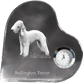Bedlington Terrier, Rothbury Terrier - Kristalluhr mit einem Hundebild, Herzregal-Uhr, personalisierte Standuhr der Marke Art-Dog - Transparent