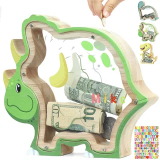 DBPBToU Spardose Kinder aus Holz Spardose Dino, Sparschwein Durchsichtig für Kinder, Sparbox Personalisierte (Triceratops und Aufkleber)