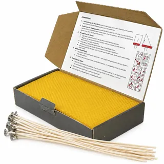 Ubswax Bienenwachsplatten Kerzen Set – 10 farbige Wachsplatten 20x12 cm mit Docht – Kerzen selber Machen DIY – Bastelset aus Bienenwachs für kreative Projekte (Gelb)