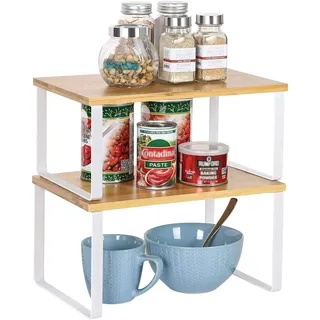 LIANTRAL Küchenschränke Organizer 2er Set, Küchenregal, Küchen Organizer aus Metall und Bambus, Erweiterbar und Stapelbar Gewürzhalter, kleines Regal, B 29,7 cm, Naturfarben und Weiß