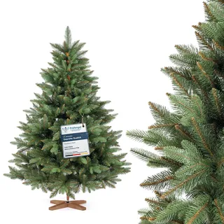 FAIRYTREES Weihnachtsbaum künstlich, Nordmanntanne Premium 150 cm, Naturgetreue Spritzguss Elemente, Künstlicher Weihnachtsbaum mit handgefertigtem Ständer aus Eschenholz