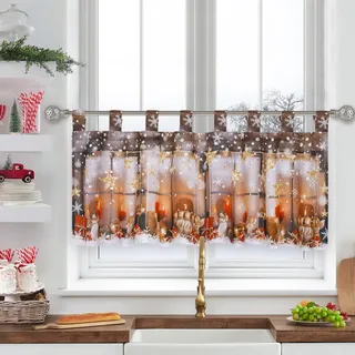 Alishomtll Scheibengardine Weihnachten Gardine, Romantisch Bistrogardine Hanging Curtain, Vorhänge mit Schlaufen, kurz Gardine für Küche Kinderzimmer 45x120 cm (Sterne Engel)