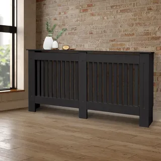 ECD Germany Heizkörperverkleidung Landhausstil 152x19x82 cm, Schwarz, aus MDF lackiert, Heizungsverkleidung für Schlafzimmer Wohnzimmer - Schwarz