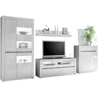 furn.design Wohnwand weiß Hochglanz / grau Wohnzimmer, Schrankwand Medienwand Anbauwand Nobile weiß 370 cm, X 198 cm