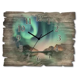 ARTland Holz Wanduhr Funkuhr - schwarzer Zeiger Auroraborialis - Nördliches Polarlicht Größe: 40x30 cm - Türkis
