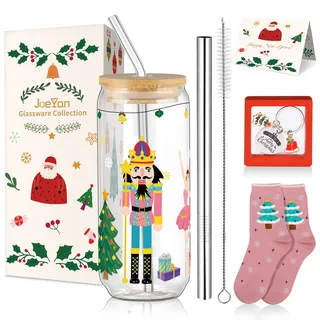Joeyan 600ml Weihnachten Nussknacker Trinkgläser mit Deckel und Strohhalm Dosenförmig Heiße Kaffee Tasse Bubble Tea Becher Einmachglas Boba-Becher Reiseflasche Geschenkbox