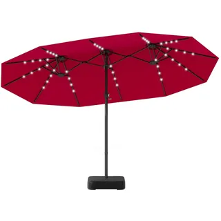 FANTASK Doppelsonnenschirm XXL, 450 x 260 cm, Sonnenschirm Groß mit Ständer und LED-Solar-Beleuchtung, UPF 50+, Terrassenschirm mit Kurbel, Marktschirm, Gartenschirm für Garten, Terrasse (Rot)