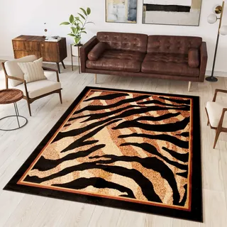 TAPISO Atlas Teppich Kurzflor Afrika Tiermotiv Tiger Beige Braun Schwarz Bordüre Wohnzimmer Schlafzimmer Modern Design ÖKOTEX 100 x 200 cm