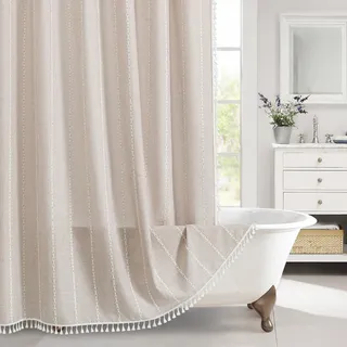 MitoVilla, Boho-Duschvorhang aus dickem Stoff, moderner Landhausstil, aus Baumwoll-Leinen, Vintage, ländliche Badezimmerdekoration, Landhausstil, Quaste, wasserdicht, 183 x 183 cm, Taupe