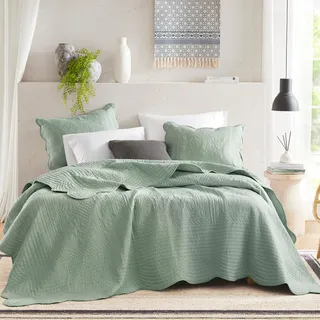 Madison Park Tuscany Bettwäsche-Set, lässiges Damast-Nähte, leicht, Tagesdecke, Kissenbezüge, King/Cal King (274,3 x 243,8 cm), Medaillon, Meeresschaum, 3-teilig