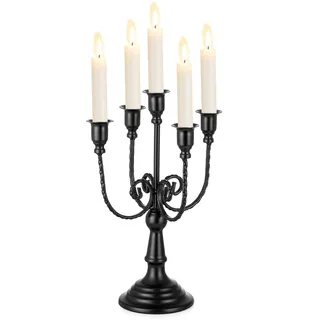 Sziqiqi Kerzenständer Kerzenhalter 5 Armig - 29.5cm Vintage Kerzenständer Dekorative Kerzenleuchter für Stabkerzen Metall für Halloween Tischdeko Wohnzimmer Kamin Mantel Dekor, Schwarzer