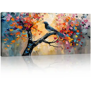 Mit Rahmen Großes Leinwandbilder Bilder, Abstrakt Blüte Bäume Vogel bild auf leinwand Wandkunst Natur Bunt Baum Wandbilder XXL Kunstdruck Deko für Wohnzimmer Schlafzimmer fertig zum Aufhängen 120x50cm