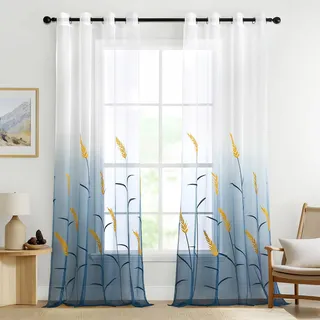 MIULEE Gardinen Bestickte Transparent Vorhänge Farbverlauf Voile Sheer 2er Set Motive Vorhang mit Ösen Dekoschal Fensterschal für Schlafzimmer und Wohnzimmer 245 cm x 140 cm(H x B) Marineblau