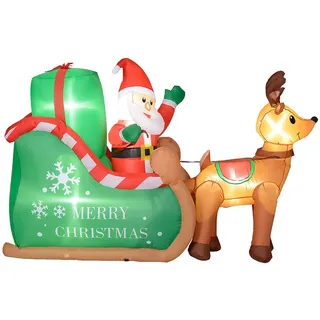 Outsunny Weihnachtsmann mit Schlitten & Rentier, aufblasbar, weiße LED-Beleuchtung, 210 x 80 x 140 cm , Kunststoff , 80x140x210 cm , Dekoration, Weihnachtsdekoration
