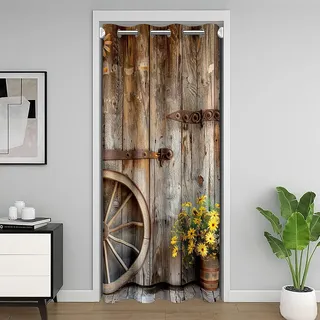 Homewish Rustikale Bauernhaus Tür Türvorhang Holzrad Tür Vorhänge 86x203cm Vintage Holz Brett Sichtschutzvorhang für Kinder Mädchen Jungen Teenager,Daisy Blumen Verdunkelungs Vorhang
