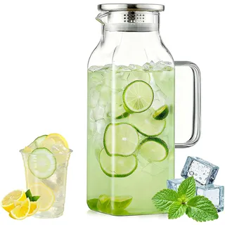 Umllpet Glaskaraffe 2 Liter mit Edelstahl-Deckel, Quadratischer Wasserkrug mit Griff, Kühlschrank-tauglich für Kalt- & Heißgetränke (Glattes Design)