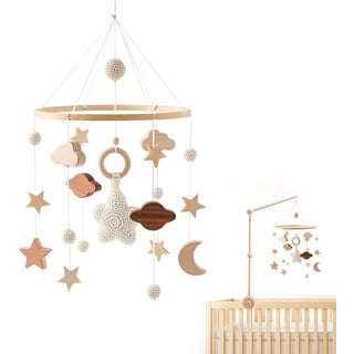 TUZHE Mobile Baby Windspiele Bettglocke mit Wolken Sterne Handgefertigt Baby Mobile Babybett Holz für Baby Mädchen oder Jungen, Rassel Spielzeug (Voller Sterne)