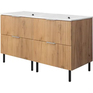 Waschtischunterschrank, Mattweiß, Eiche Craft mit silberner Griff, B 120 cm - Braun