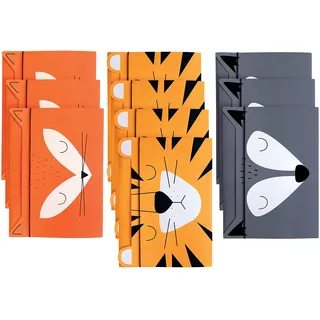 Sammelmappe A4 - Gummizug Zeichenmappe für Kinder - aus Starkem Karton - Soft-Touch - Innen und Außen Bedruckt - Lustige Form - 3 Motive Sortiert: Fuchs + Tiger + Wolf - 10er Pack