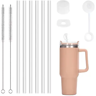 6 Stück Ersatz Strohhalm für Stanley Cup 40/30oz, 11er-Set Stanley Zubehör mit 30cm Klar Strohhalme, 2 Reinigungsbürsten und 3 Silikon Auslaufsicher Zubehör, Trinkhalme Straw Wiederverwendbar