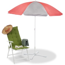 Relaxdays Sonnenschirm, Ø160 cm, höhenverstellbar, knickbar, UV-Schutz, Polyester, Stahl, runder Strandschirm, grau/pink