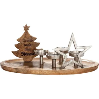 Gilde Deko großer Adventsleuchter XL Kerzenhalter 4 Flammig Holz - Leuchter für 4 Kerzen mit Deko Stern Tannenbaum mit Spruch - Breite 50 cm