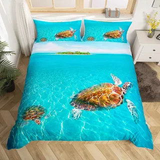 richhome Blaues Meer Bettwäsche, 3D, Schildkröte, Bettbezug, 140 x 200 cm, Hawaiian, Stranddekoration, Mikrofaser, Bettwäsche mit 1 Kissenbezug, Reißverschluss