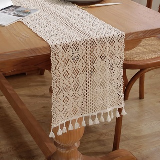 meioro Gehäkelte Tischläufer, 26x180cm Spitze Boho Tischwäsche Klassische Beige Hochzeit Tischdecke Vintage Tassel Tischdeko für Küche Essen Urlaub Party Dekoration Tablerunner