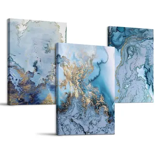 hyidecorart Abstrakte Bilder Leinwand mit Rahmen 50x70 cm 3er Set Deko Schlafzimmer, Wandbilder Wohnzimmer Modern Natur Kunstdruck Blau Golden Marmor Gemälde Flur Badezimmer Wohnung Büro Villa