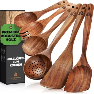 woodenhouse lifelong quality Holz Kochbesteck-Set, Pfannenwender Kochlöffel Rührlöffel Servierlöffel Salatgabel Schaumlöffel – 6-teiliges-Set – Kochgeschirr-Set Küchenset Küchenzubehör – hochwertig & nachhaltig