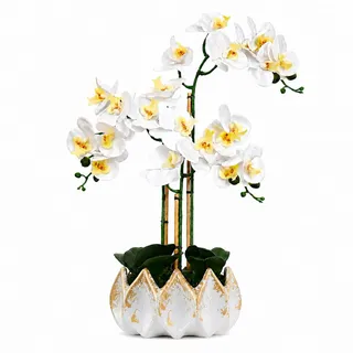 BelaLusa® Künstliche Orchideen wie echt 70 cm - Phalaenopsis im weiß-goldenen Keramik-Topf mit Bambus & Naturmoos, pflegefrei & ohne Gießen - Kunstblumen Deko Wohnzimmer & Büro (Weiß-Gold)