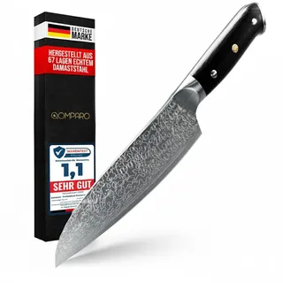 Qomparo Santoku Damastmesser 18cm,Profi Kochmesser aus 67 Lagen VG10 Stahl