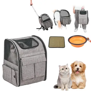 SucceBuy Katzentragetasche mit Rädern, Rollbare Haustiertragetasche mit Teleskopgriff und Schultergurt, Hundetragetasche für Haustiere bis 8,7 kg, Inklusive 1 faltbarer Schüssel, Grau - Grau
