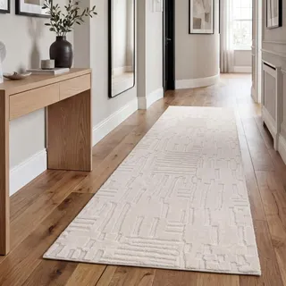 Paco Home Teppich Wohnzimmer Schlafzimmer Hochflor Skandinavisch Boho Optik Geometrisch Abstrakt Einfarbig Flauschig 3D Waschbar Creme, Grösse:80x300 cm