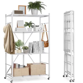 VEVOR 4 Etagen, Klappbare Regale mit Rädern, 53x91x152 cm, Faltbares Schwerlastregal, montagefreies Standregal, Haushaltsregal, Küchenregal, Metallregal für Garage, Küche, Keller, Weiß