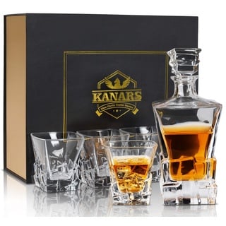 KANARS Whisky Karaffe Set, 800 ml Whiskey Dekanter mit 4x 300 ml Gläser, Bleifrei Kristallgläser, Schöne Geschenk Box, 5-teiliges, Hochwertig