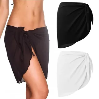 SIRLOMU 2 Stück Damen Strandrock Strand Wrap Sarong Wickeltuch Chiffon Kurz Bikini Rock für Strand Urlaub Strandkleid (Schwarz & Weiß)