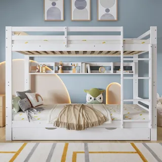 Etagenbett - 90 x 200 cm , Weiß , Samt und Kiefernholz , mit Ausziehfunktion , mit Stauraum , mit Fallschutz - Weiß