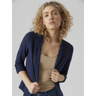 Kurzblazer VERO MODA "VMJESMILO 3/4 LOOSE BLAZER WVN NOOS", Damen, Gr. XS, blau (navy blazer), Web, Obermaterial: 55% Viskose, 45% Leinen, unifarben, regular fit normal, V-Ausschnitt, Blazer Kurzblazer, mit Leinen