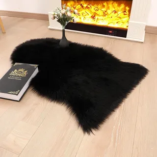 JXLOULAN Faux Lammfell Schaffell Teppich Schwarz 75x120 cm, Weicher Flauschiger Teppich Wohnzimmer Deko, Longhair Fell Lammfellimitat Carpet für Stühle Sofa Schlafzimmer Kinderzimmer