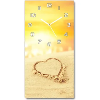 Wanduhr aus Glas – 30x60 cm - Glasbild - Glasuhr - Gehärtetes Glas -Herz am Strand - Orange